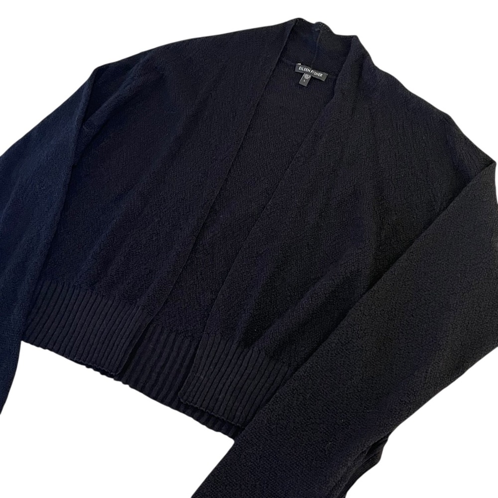 Eileen Fisher 100% Wool Crop Open Front Knit Cardigan Sweater Womens Large Black